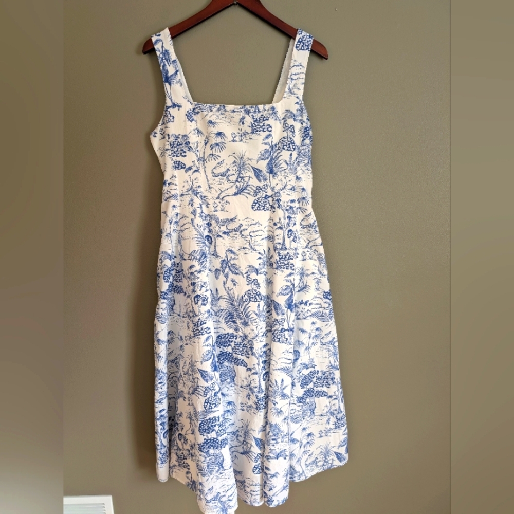 Nicole Miller Blue and White Toile Midi Dress